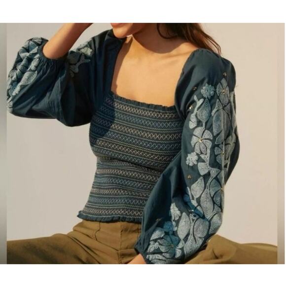 NEW Anthropologie Turquoise Embroidered Top - Picture 2 of 7